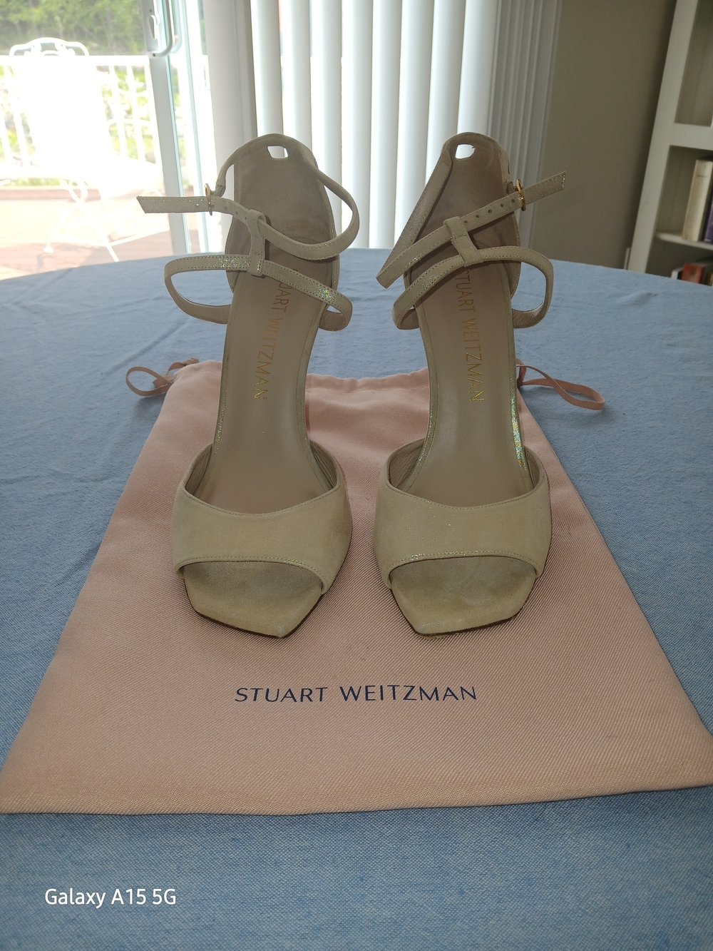 Stuart Weitzman Anastasia suede sandals in a neutral color with shimmer